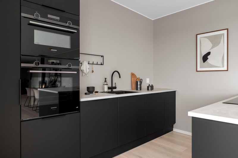gray kitchen black countertop