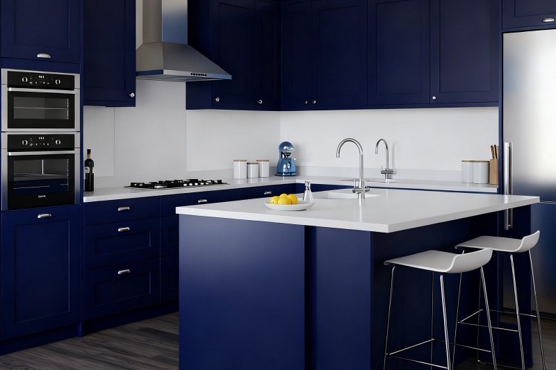 Custom dark blue oak cabinetry