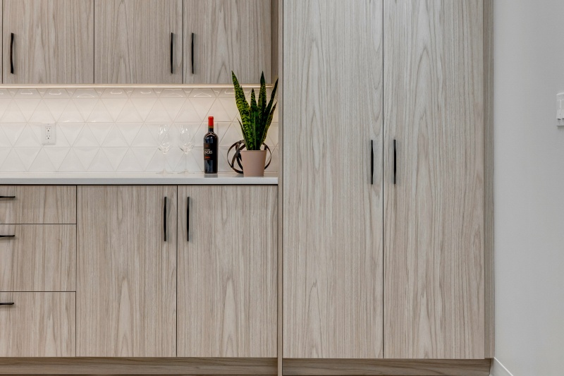 Melamine-finished light birch wood cupboards