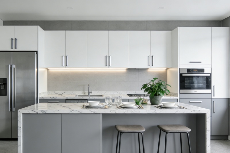 Frameless grey and white cabinetry design