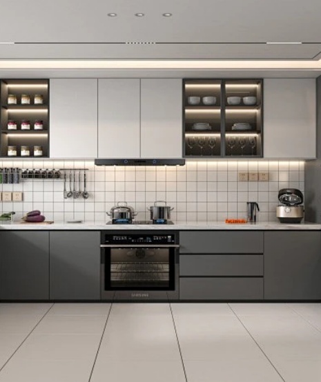 Frameless grey and white cabinetry design