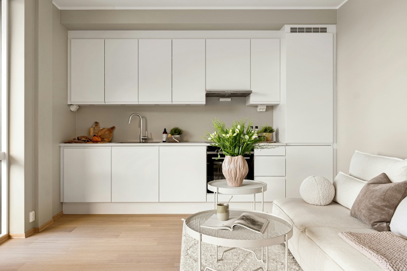 Space-saving white frameless plywood cabinets
