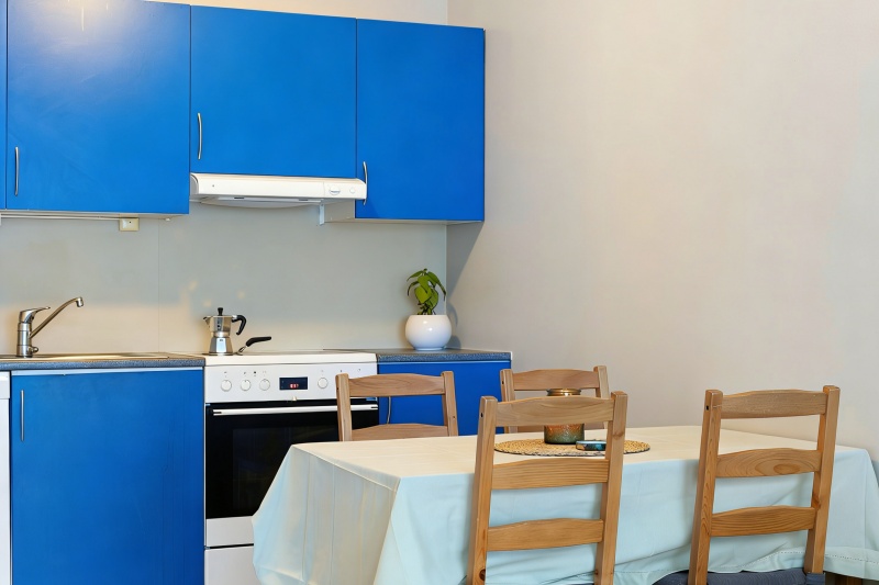 Custom-designed blue kitchen cupboards