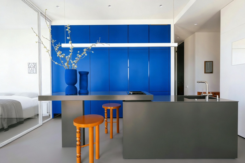 Custom-designed blue kitchen cupboards