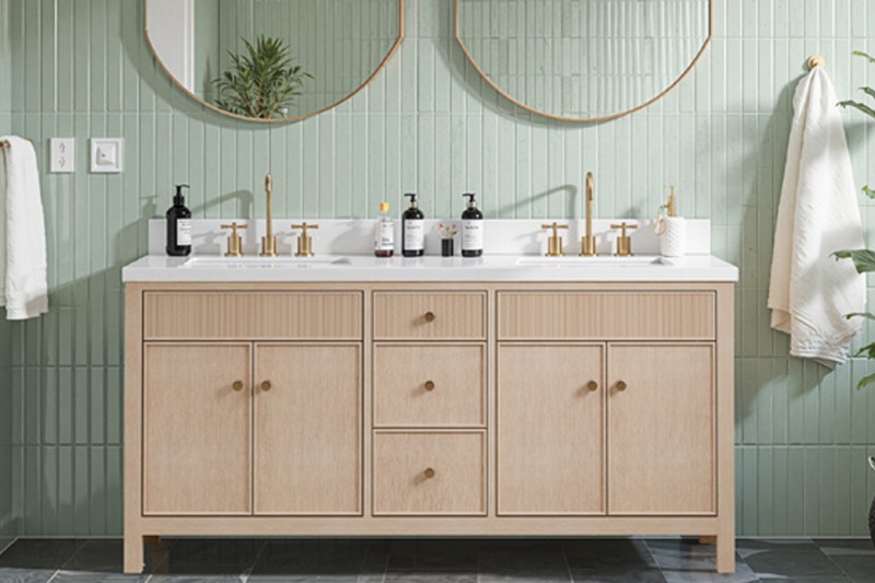 Light oak vanity adds warmth to bathroom