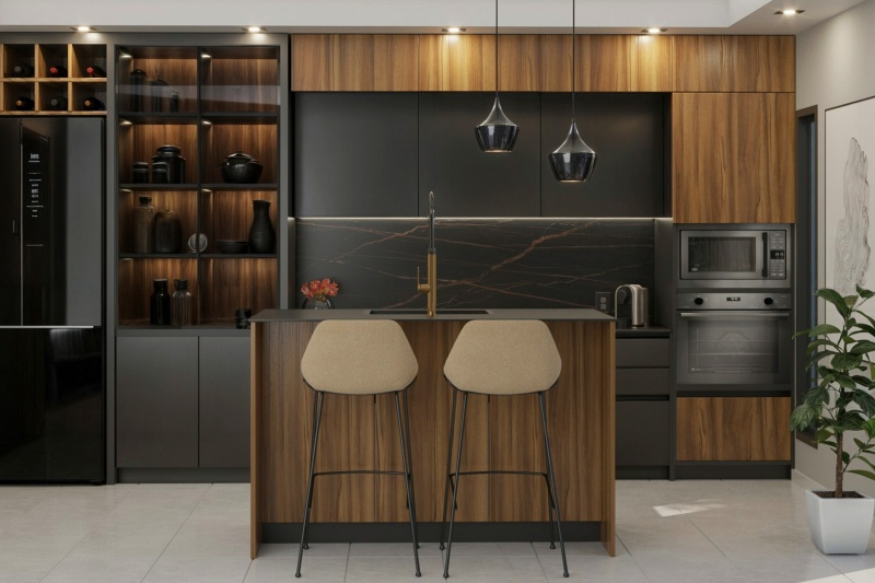 Kitchen storage with wood grain aesthetic Kitchen storage with wood grain aesthetic