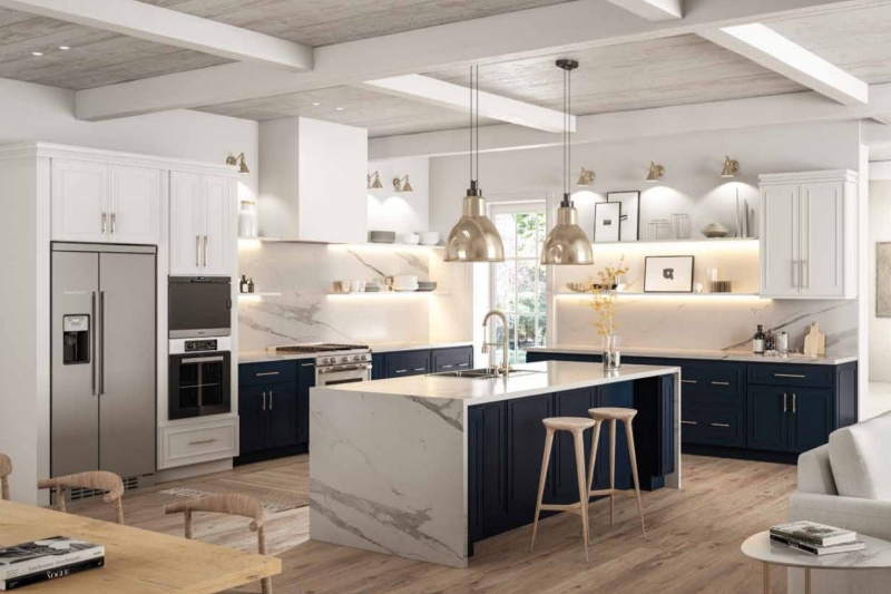 Navy blue and white cabinets