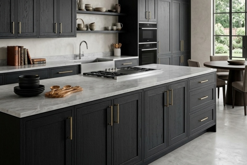 Sleek black stained wood cabinets