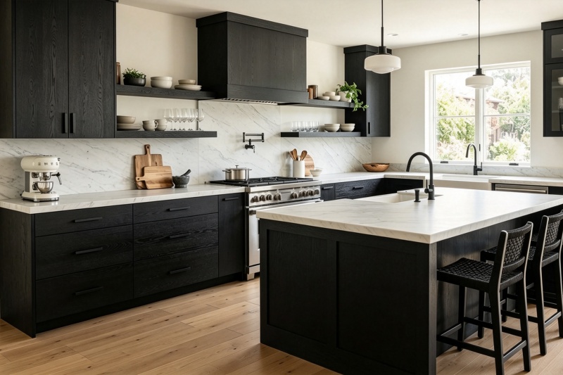 Elegant black-stained oak storage solutions Elegant black-stained oak storage solutions