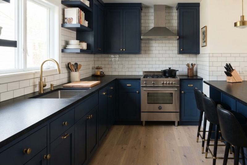 Navy blue cabinets complement black countertops Navy blue cabinets complement black countertops