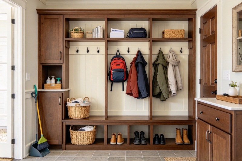 Functional entryway cabinet system layout